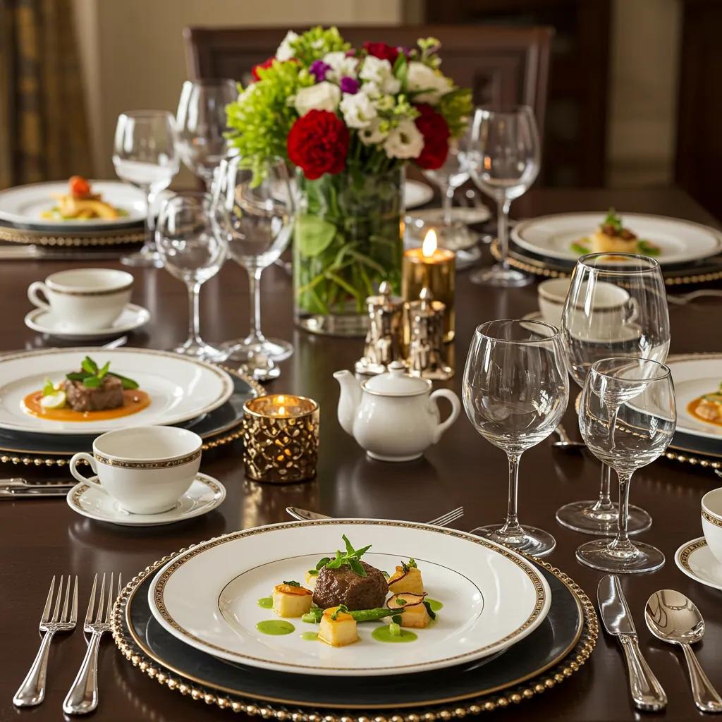 Elegant dining setup for a luxury Passover program with gourmet kosher dishes