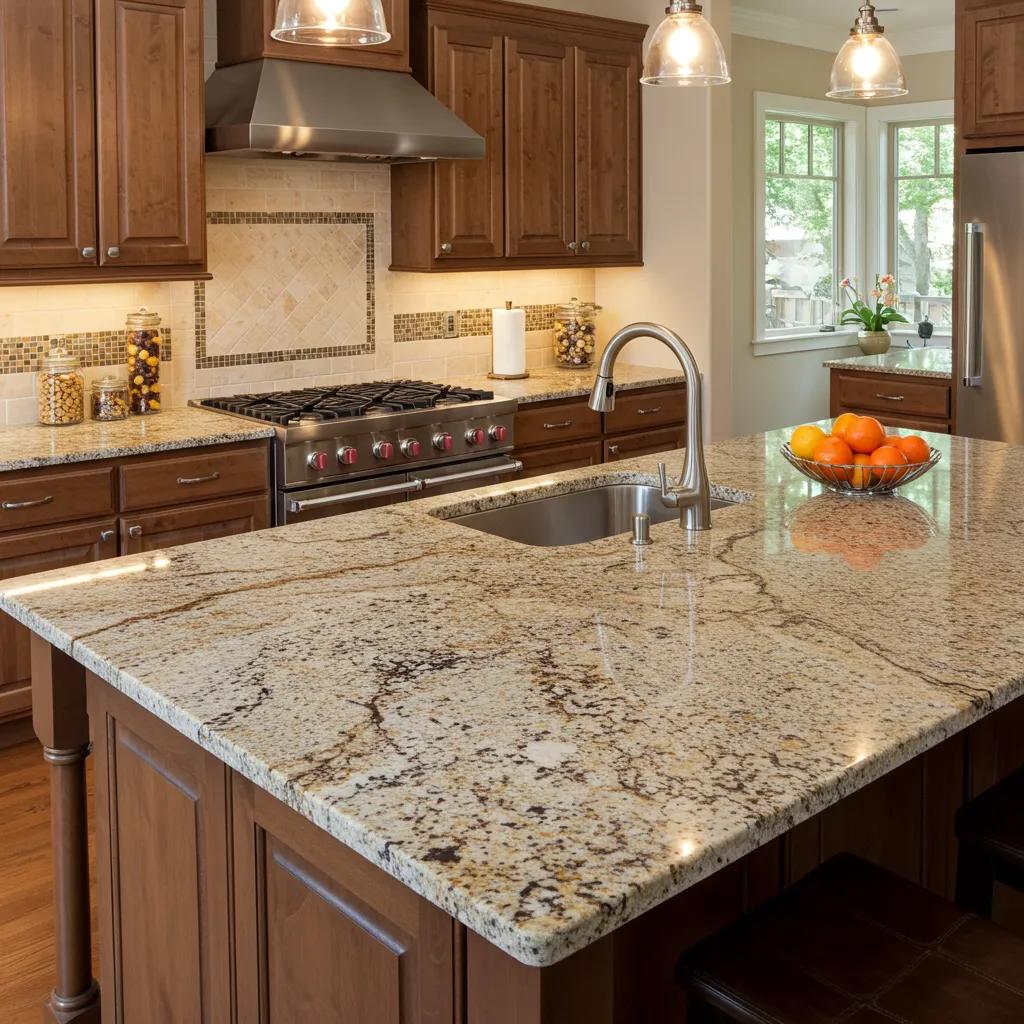 Elegant kitchen with granite countertops showcasing various colors and finishes