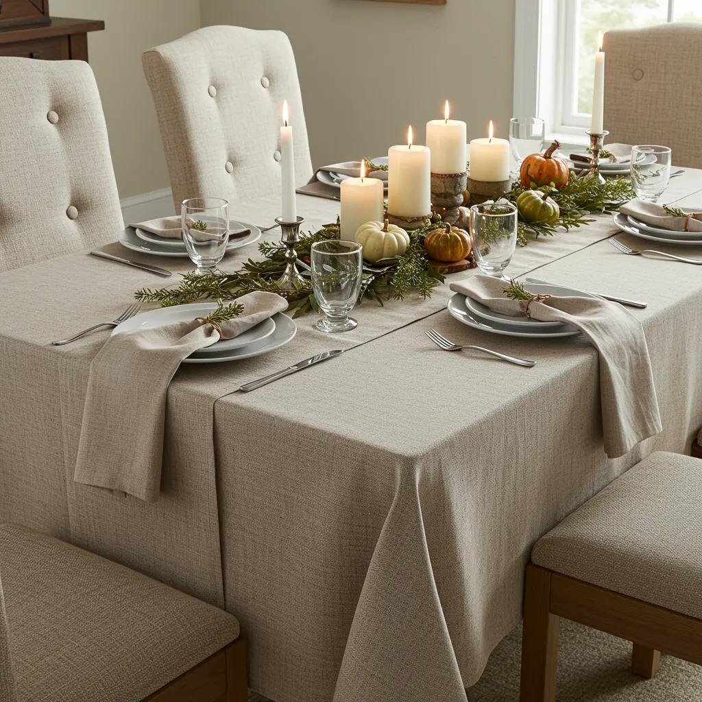 Elegant Thanksgiving table setting with seasonal runner and low centerpiece