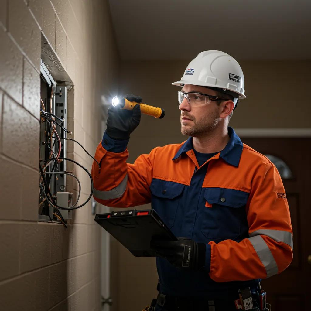 Emergency electrician assessing electrical issues in a residential setting