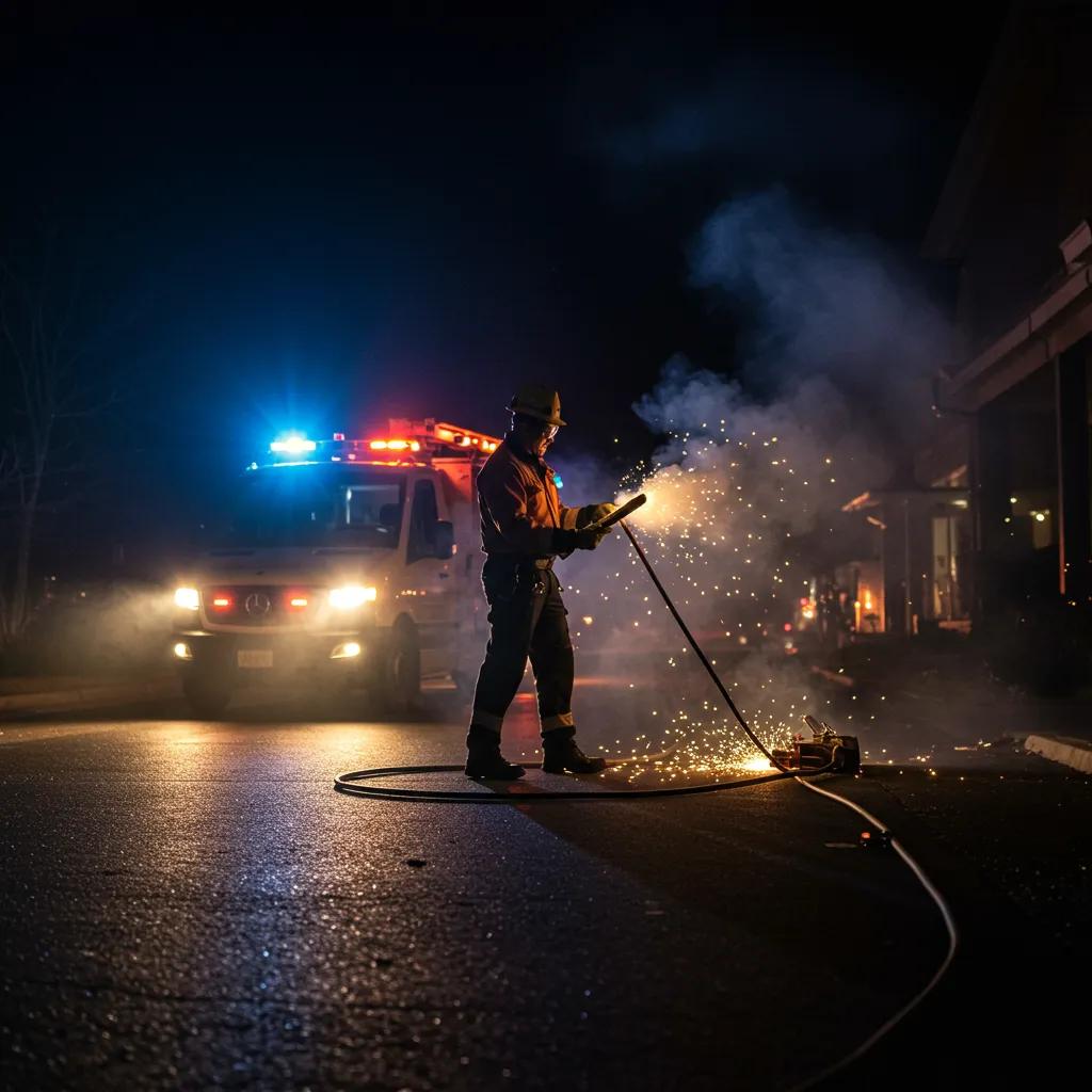 Emergency electrician responding to a call at night, assessing a situation with sparks and smoke