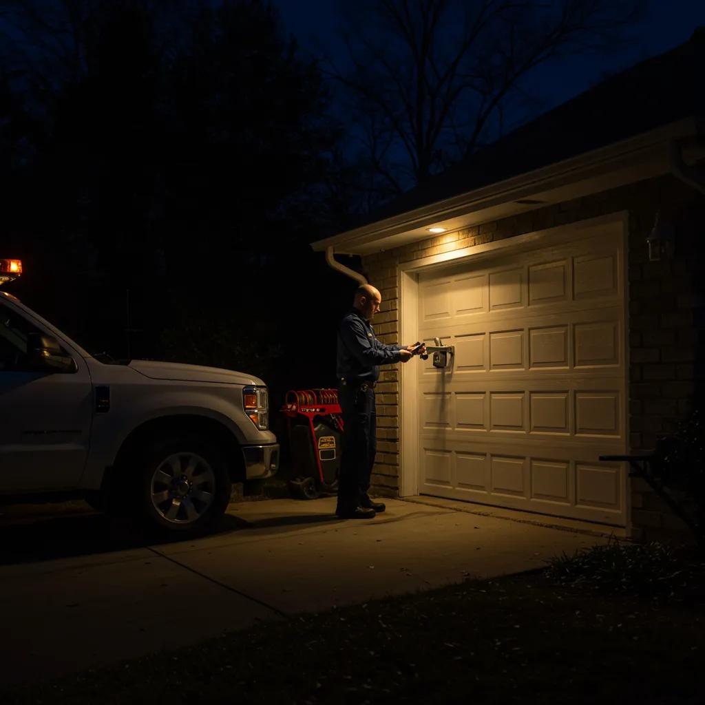 Our emergency locksmith assessing a garage door lock issue at night
