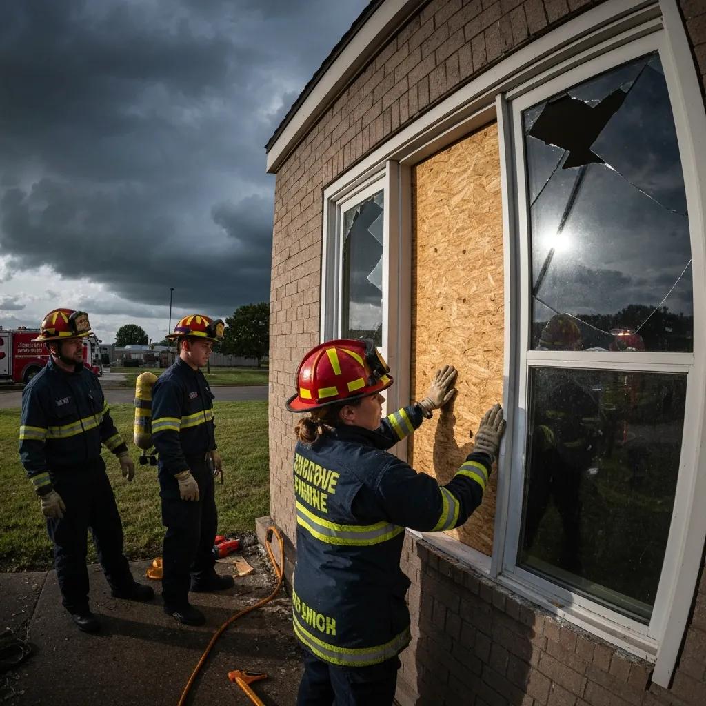 Emergency crew boarding up a window after storm damage