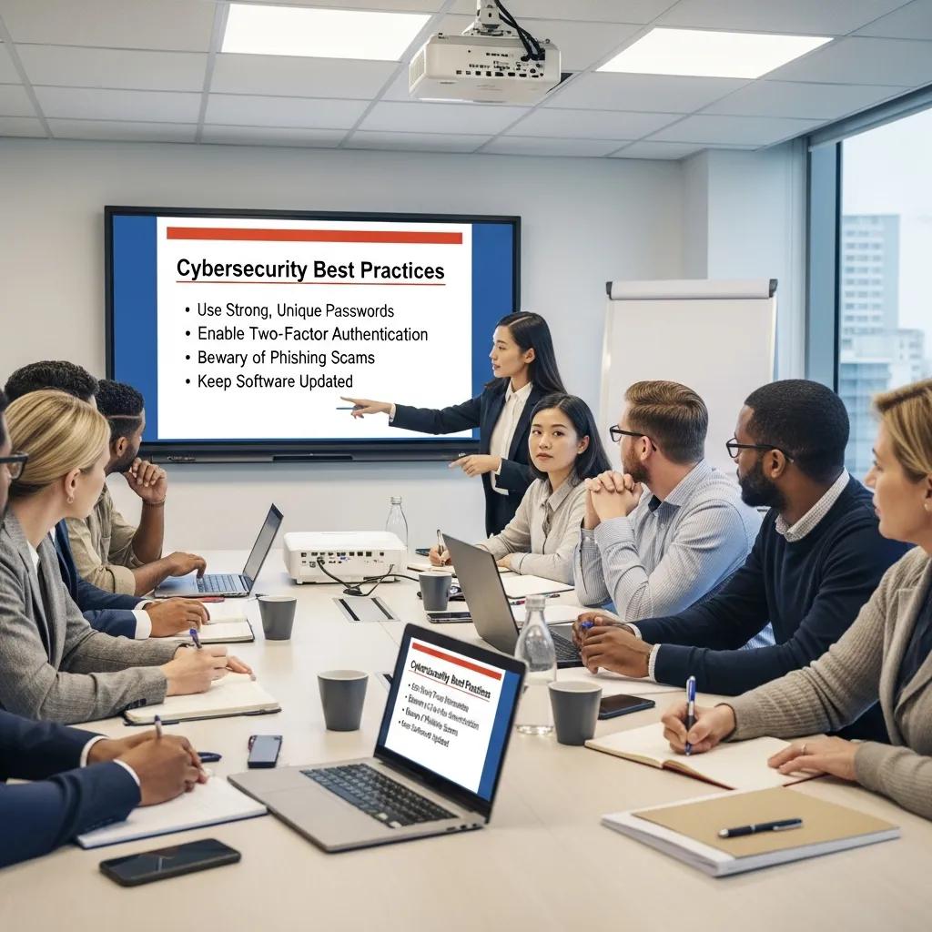 Employees engaged in a cybersecurity training session to prevent ransomware attacks