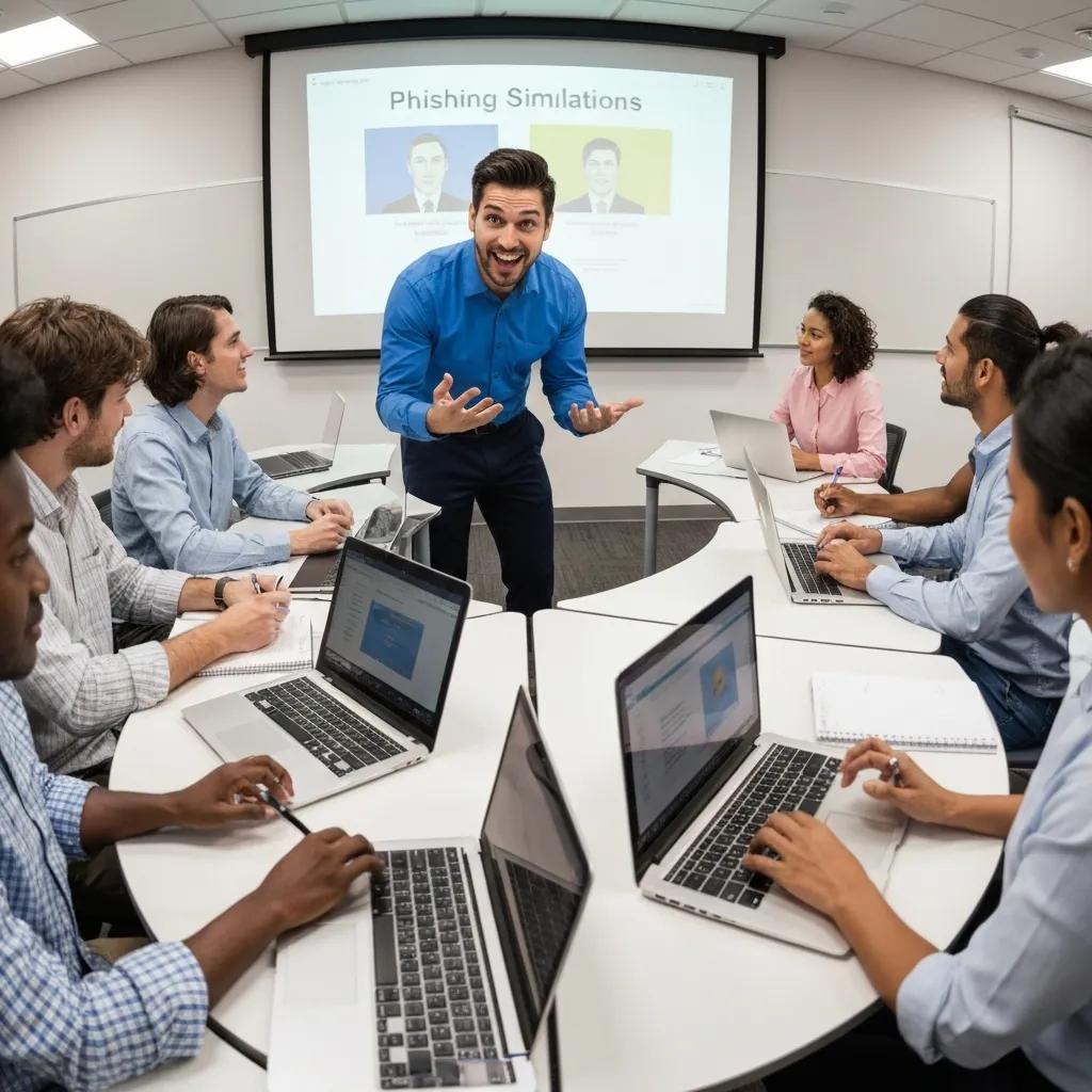Employees participating in security awareness and phishing simulation training