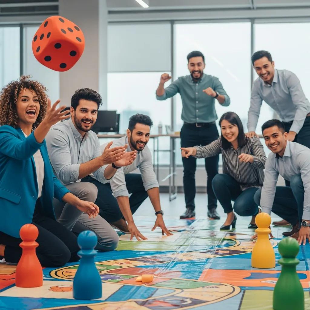 Employees enjoying a gamified team-building game, highlighting excitement and participation in a fun atmosphere Employees enjoying a gamified team-building game, highlighting excitement and participation in a fun atmosphere