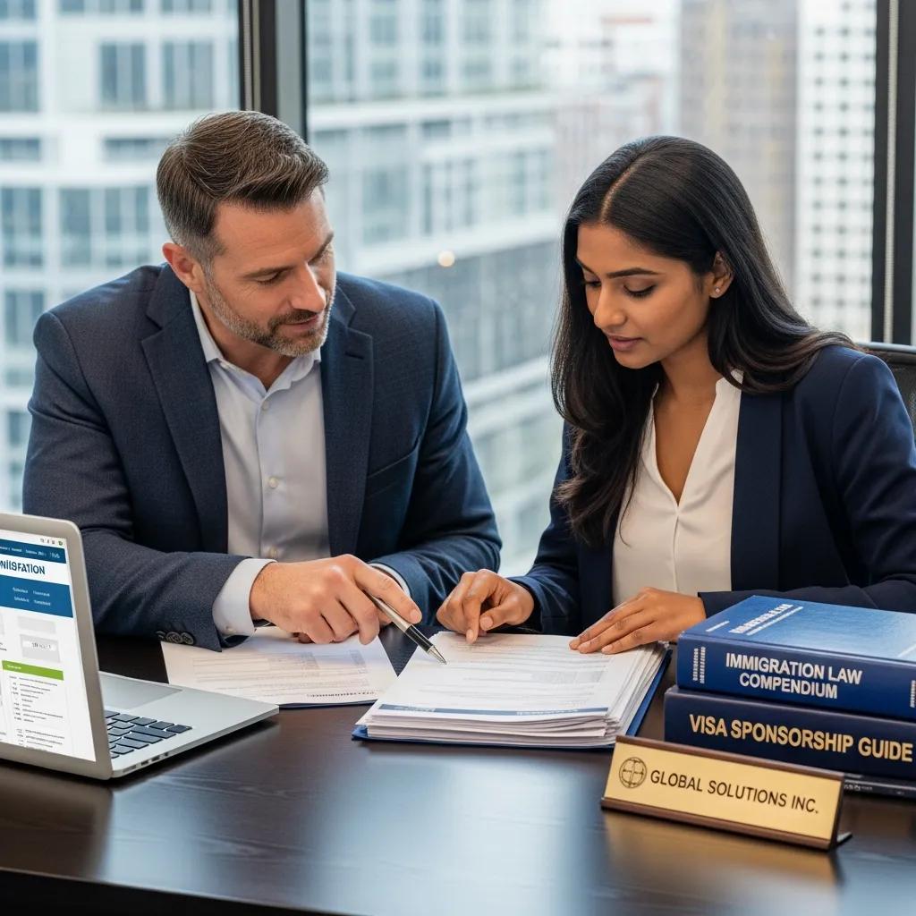 Employer and foreign national reviewing visa paperwork together