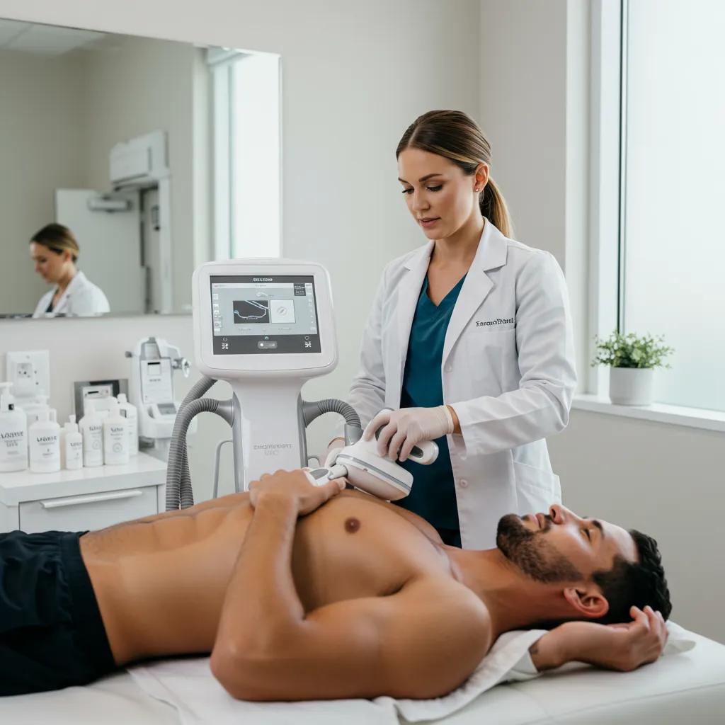 Emsculpt Neo treatment session highlighting fat reduction and muscle building in a modern clinic Emsculpt Neo treatment session highlighting fat reduction and muscle building in a modern clinic