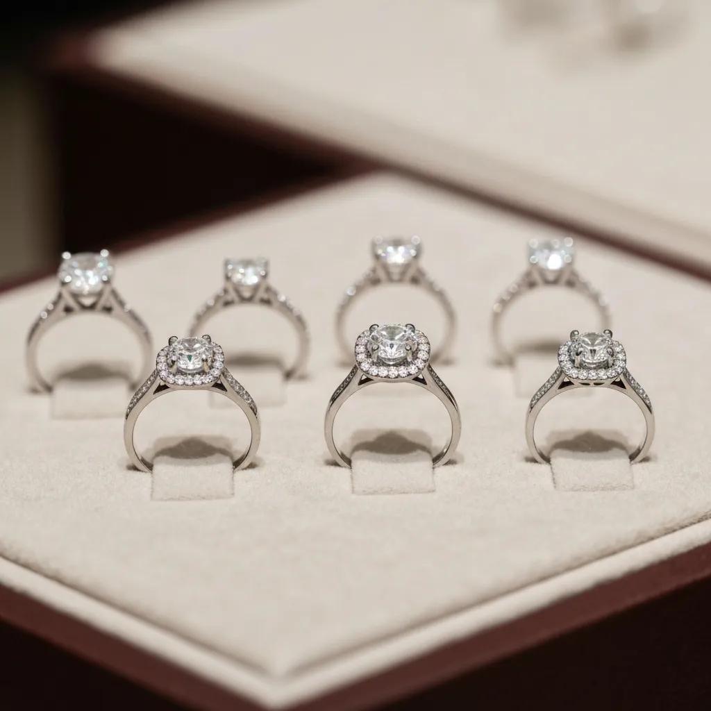 Selection of engagement rings: solitaire, halo, and three-stone designs
