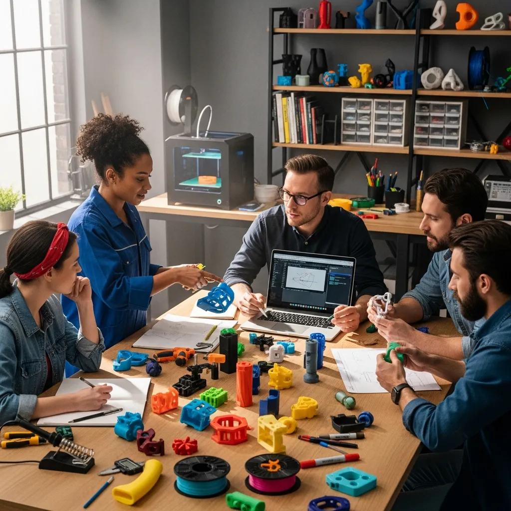 Engineers collaborating over 3D printed prototypes, emphasizing teamwork in custom fabrication services