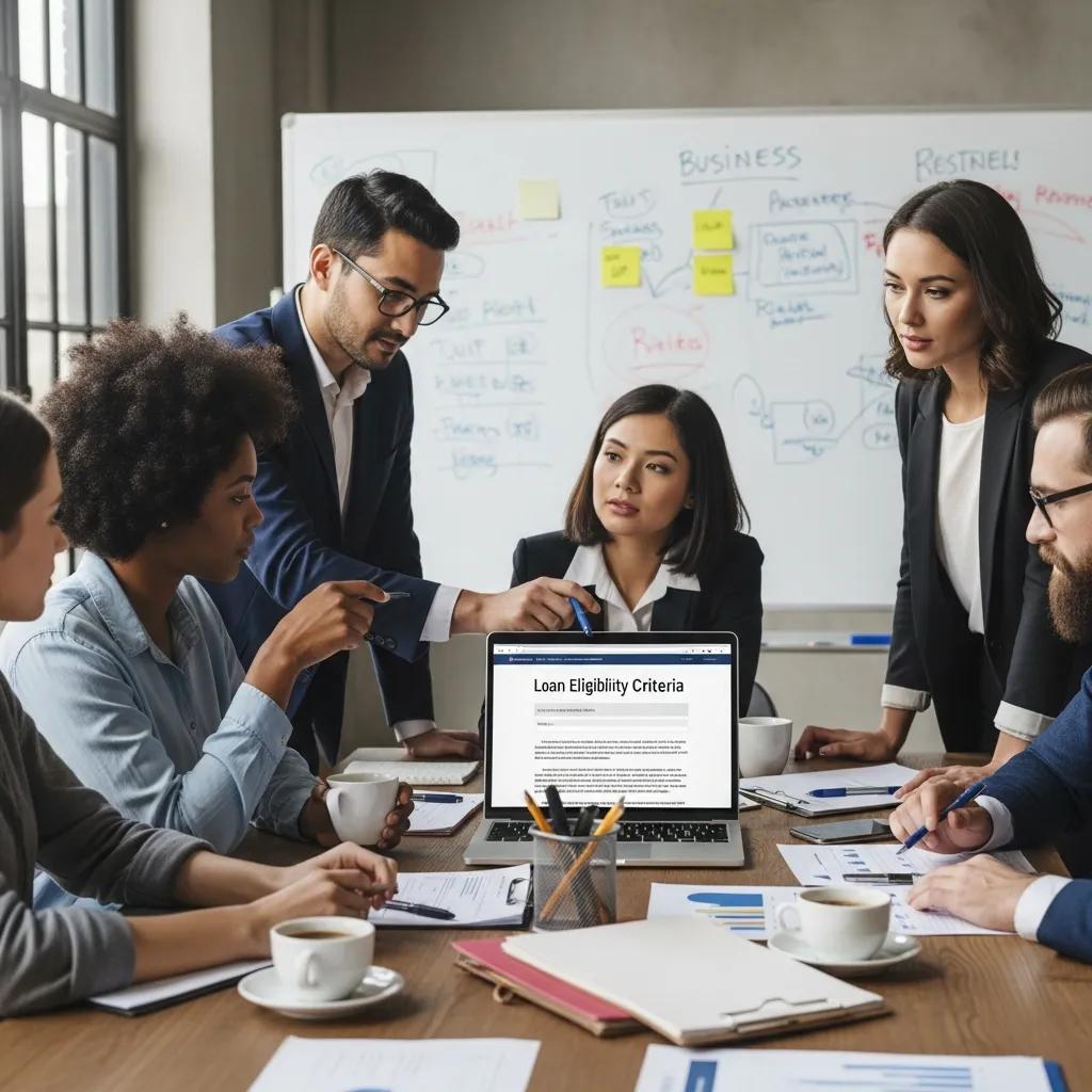 Entrepreneurs reviewing loan eligibility criteria together in a collaborative setting Entrepreneurs reviewing loan eligibility criteria together in a collaborative setting