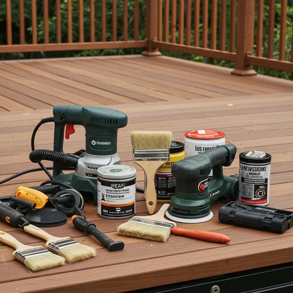 Essential tools for DIY deck restoration, showcasing a practical workspace and restoration materials