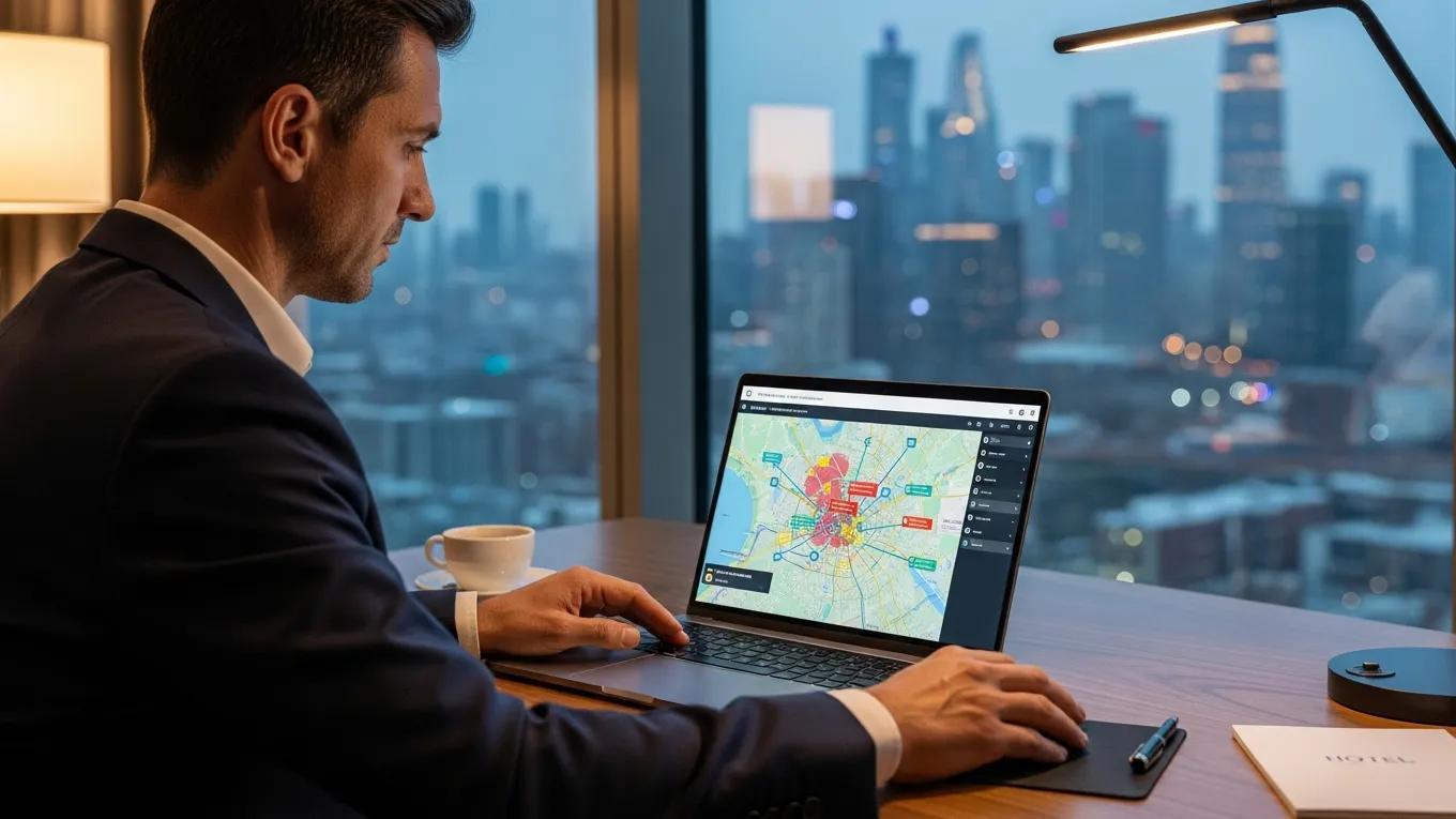 Executive analyzing travel risks using a laptop in a hotel room Executive analyzing travel risks using a laptop in a hotel room