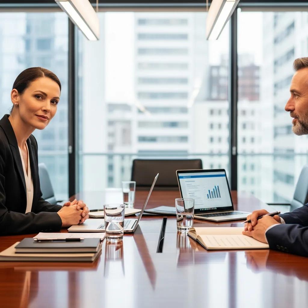 Executive coach guiding a client through leadership development in a professional setting