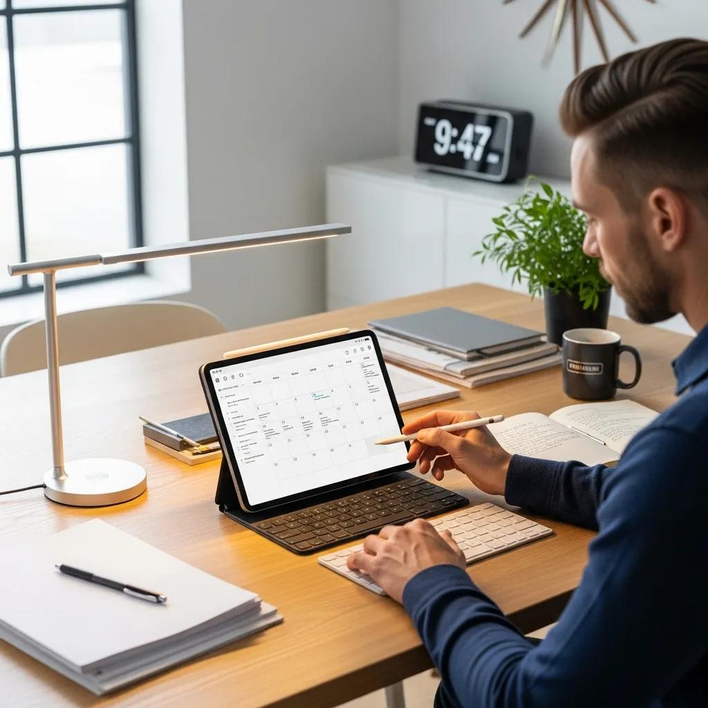 Executive managing time effectively with digital tools in a well-organized workspace