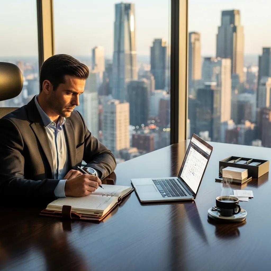 Executive reviewing a strategic schedule in a bright office — time design in practice