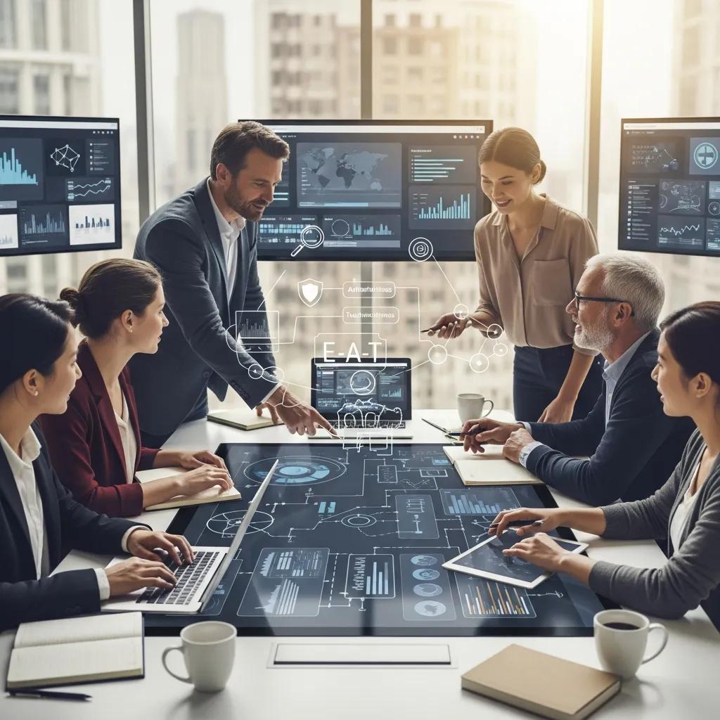 Experts collaborating in a professional setting to enhance digital credibility through E-E-A-T principles