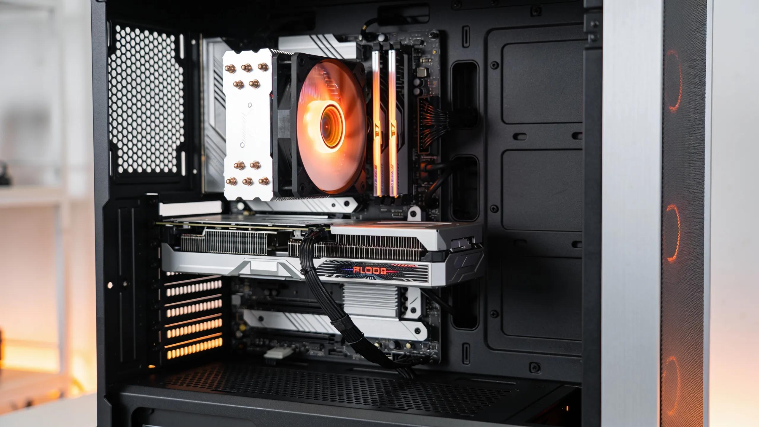Open gaming PC case displaying high-performance components, illustrating the upgradeability of gaming desktops