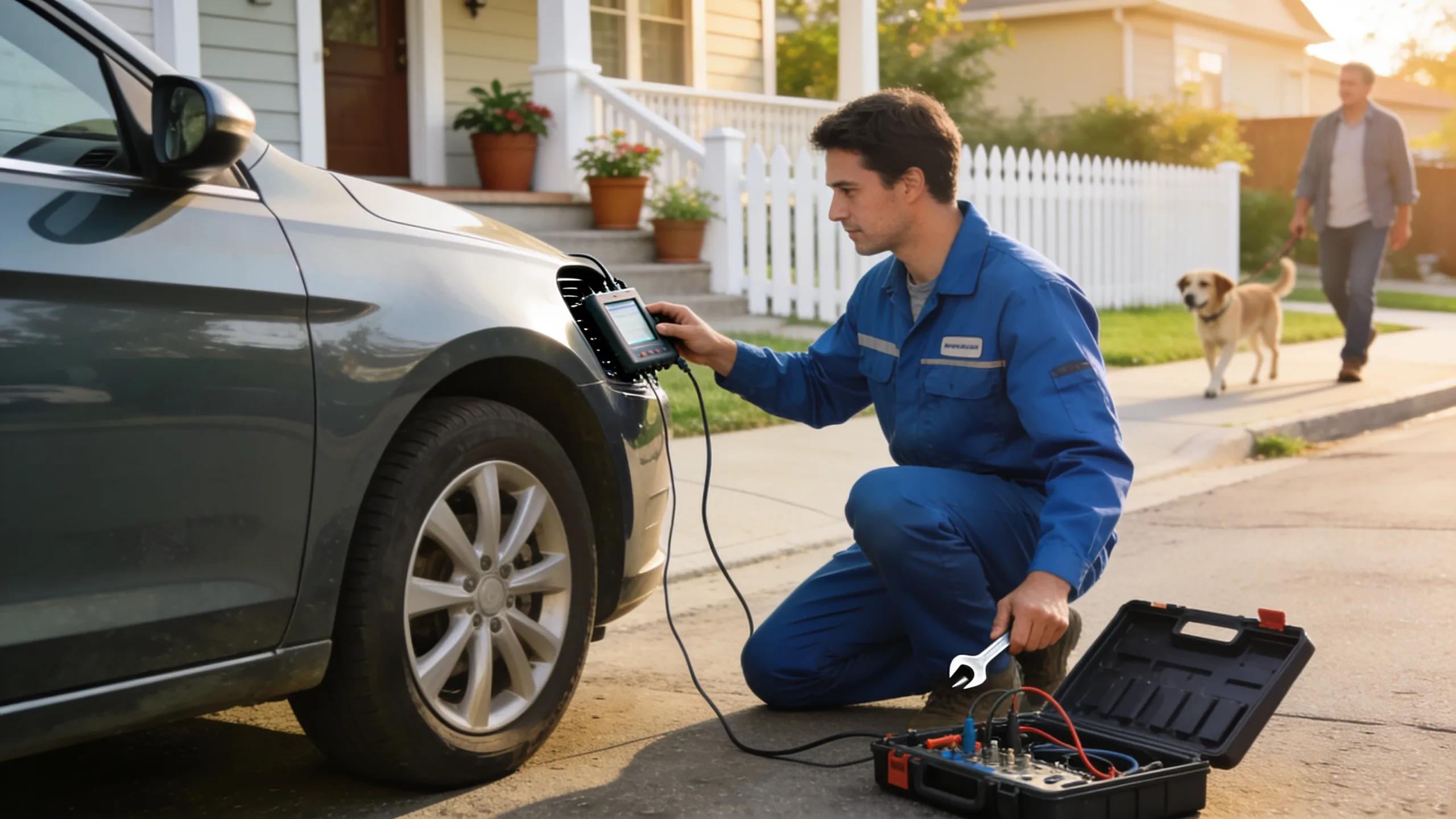 Mobile auto electrician providing on-site vehicle repairs in a residential area