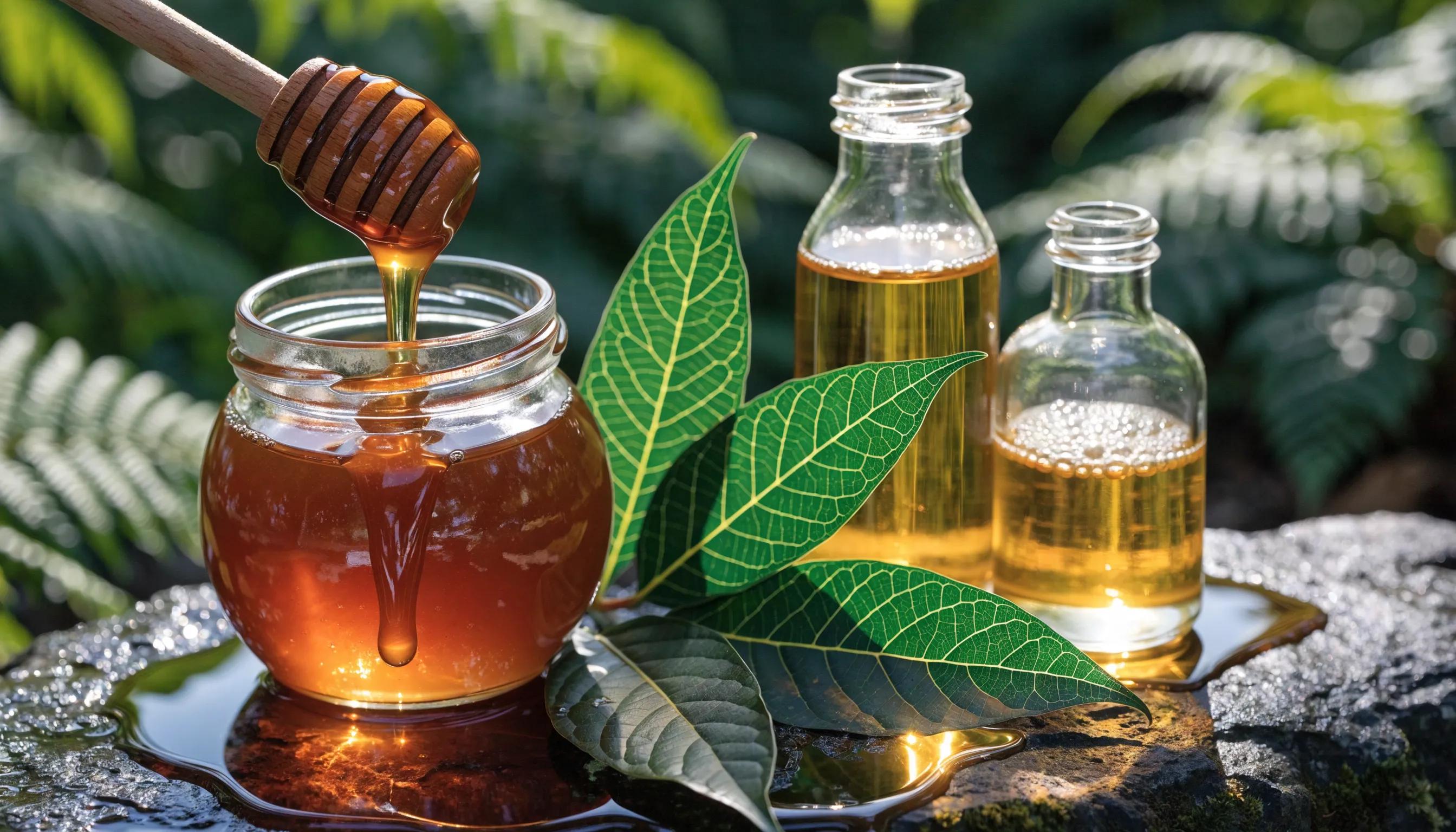 Artistic arrangement of popular natural skincare ingredients including Manuka honey, Kawakawa leaves, and flaxseed oil