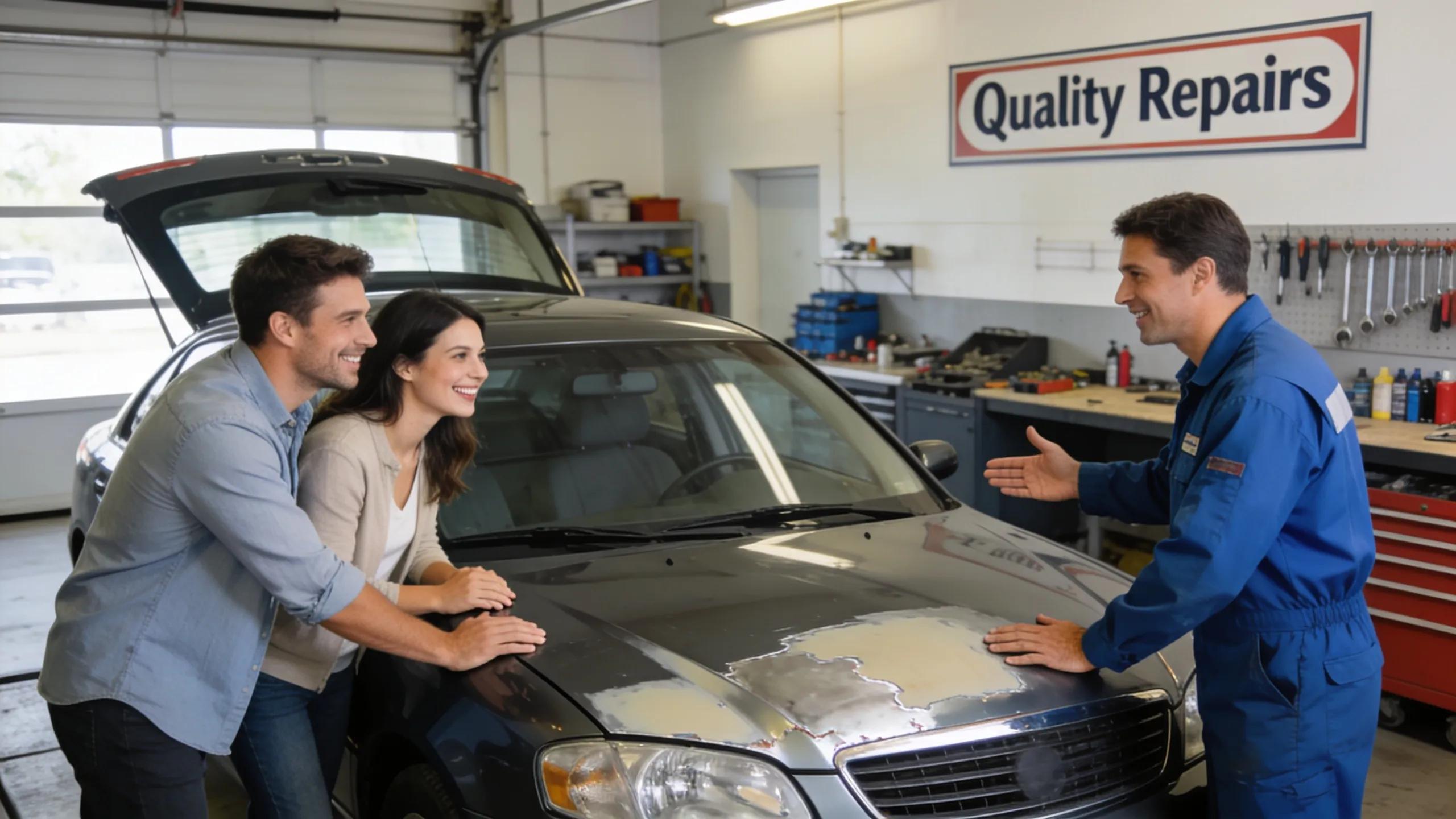 Customers happily reviewing their car repairs at a local panel shop
