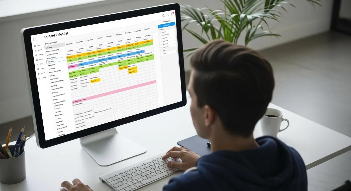 Content calendar on screen with a person managing tasks AI avatar demonstrating Syllaby's tools for efficient content creation and personalization.