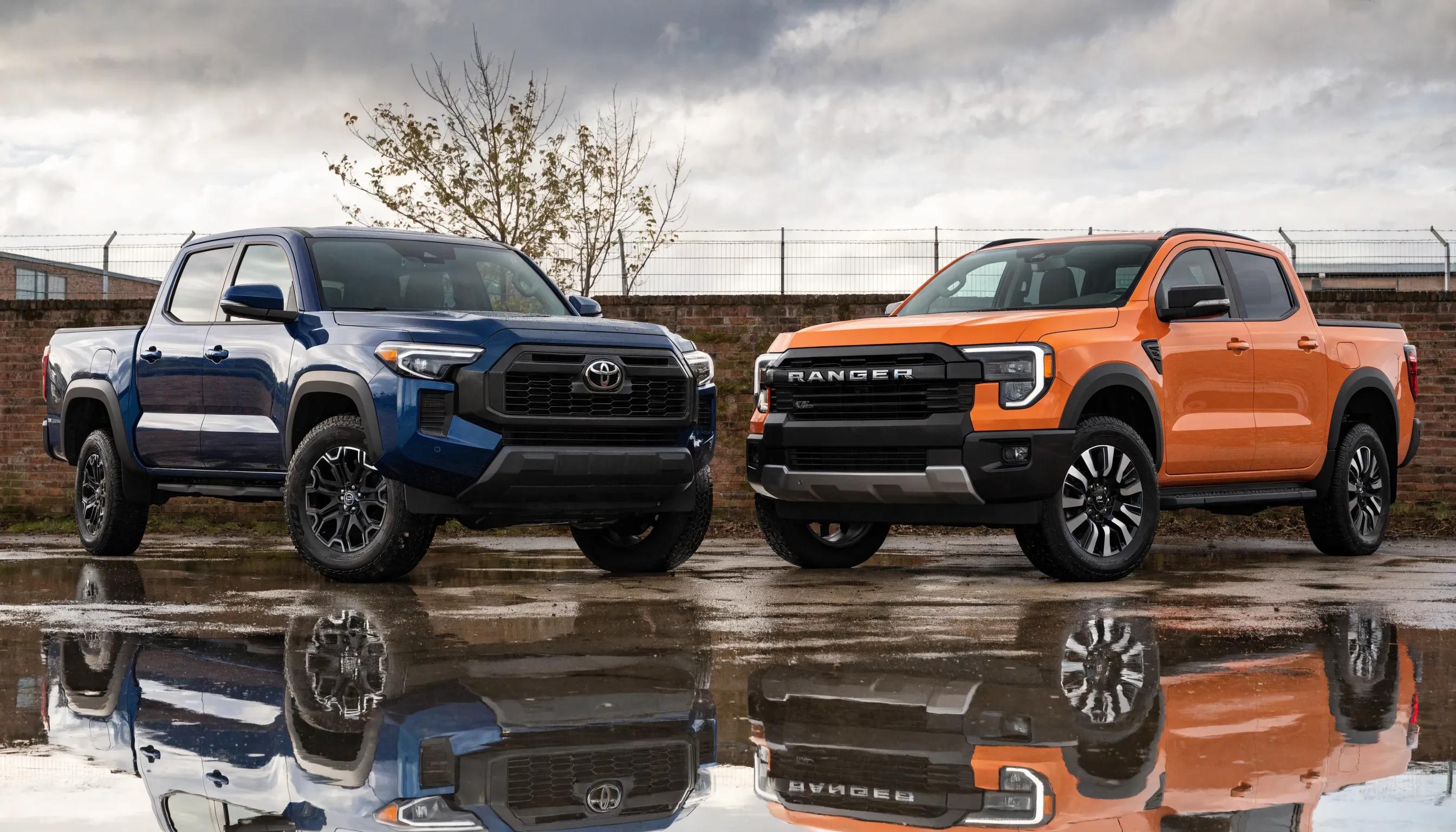 Comparison of 2026 Toyota Tacoma and Ford Ranger side-by-side highlighting their design and features