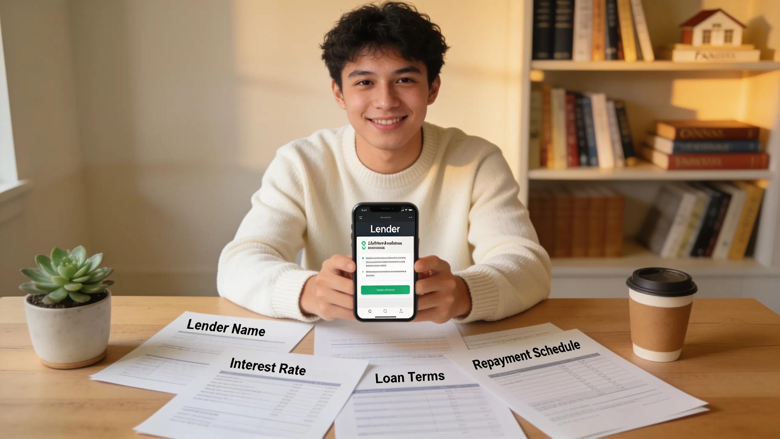 Resident using a mobile phone to check lender legitimacy while reviewing financial documents