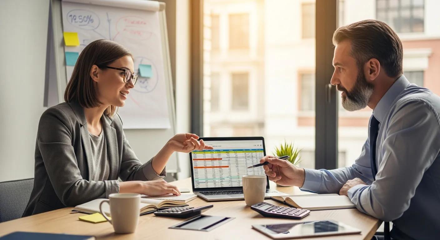 Small business owner meeting a bookkeeping expert to review finances Small business owner meeting a bookkeeping expert to review finances