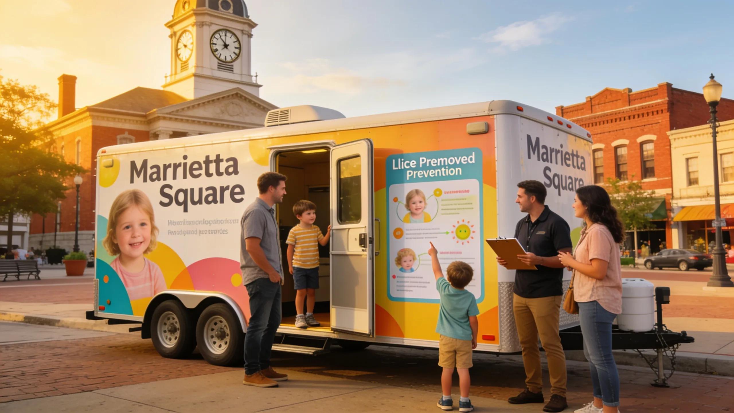 Mobile lice removal service vehicle near Marietta Square, demonstrating accessibility of community health services