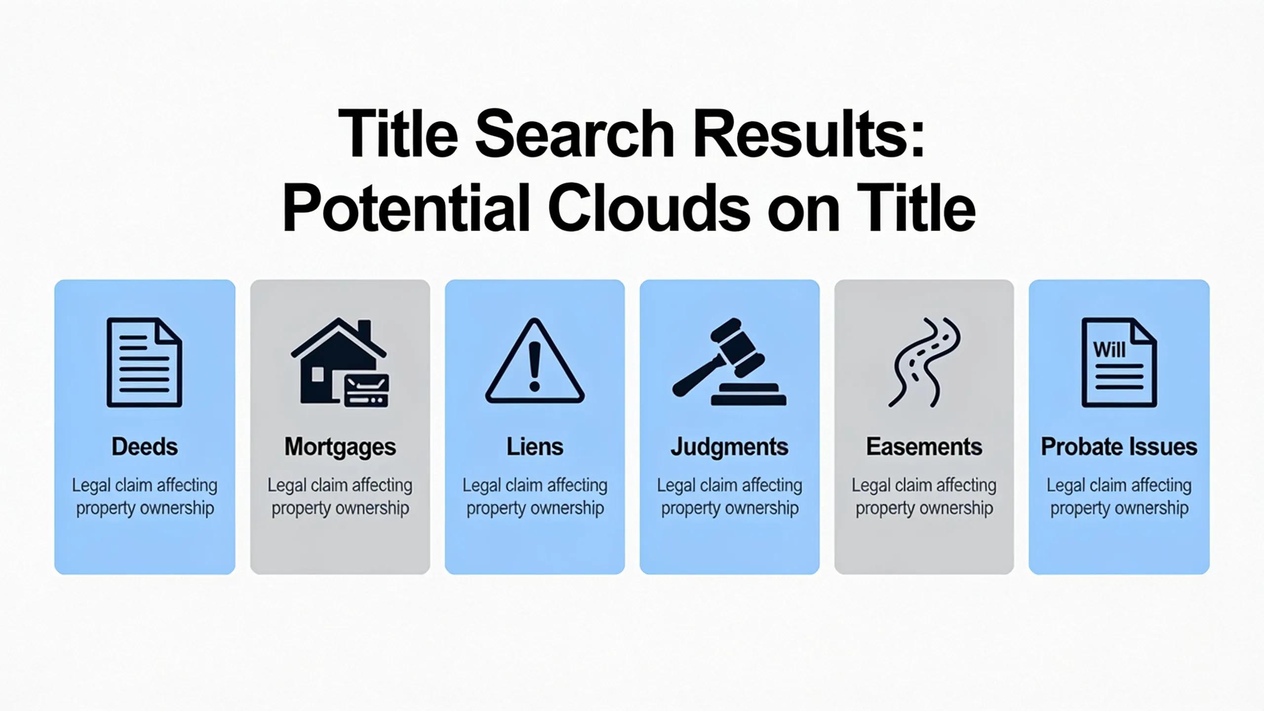 A title search uncovers deeds, mortgages, liens, judgments, easements, and probate issues that could cloud