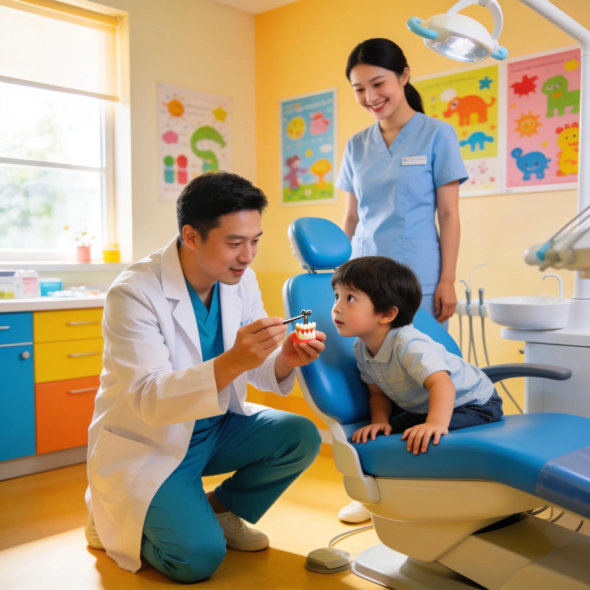 Pediatric dentist showing dental tools to a child during a checkup, emphasizing a friendly and educational dental visit experience.