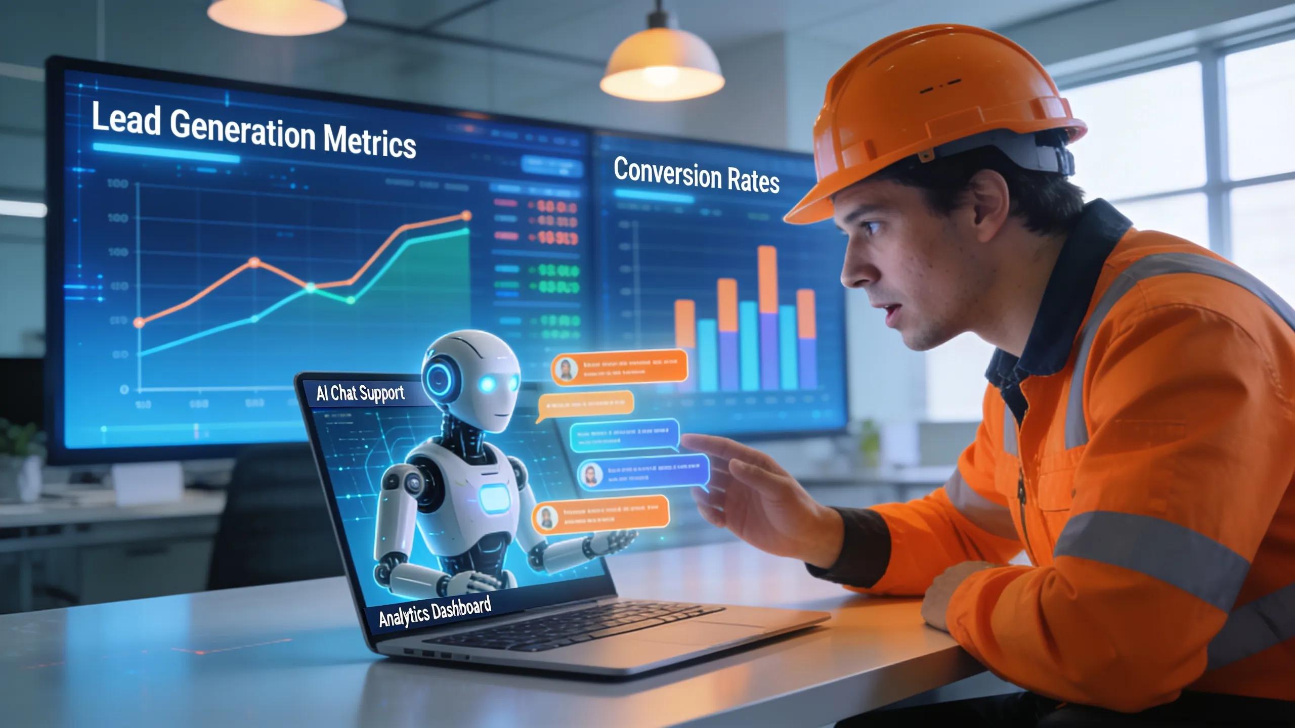 Contractor using AI chatbot for lead generation in a modern office
