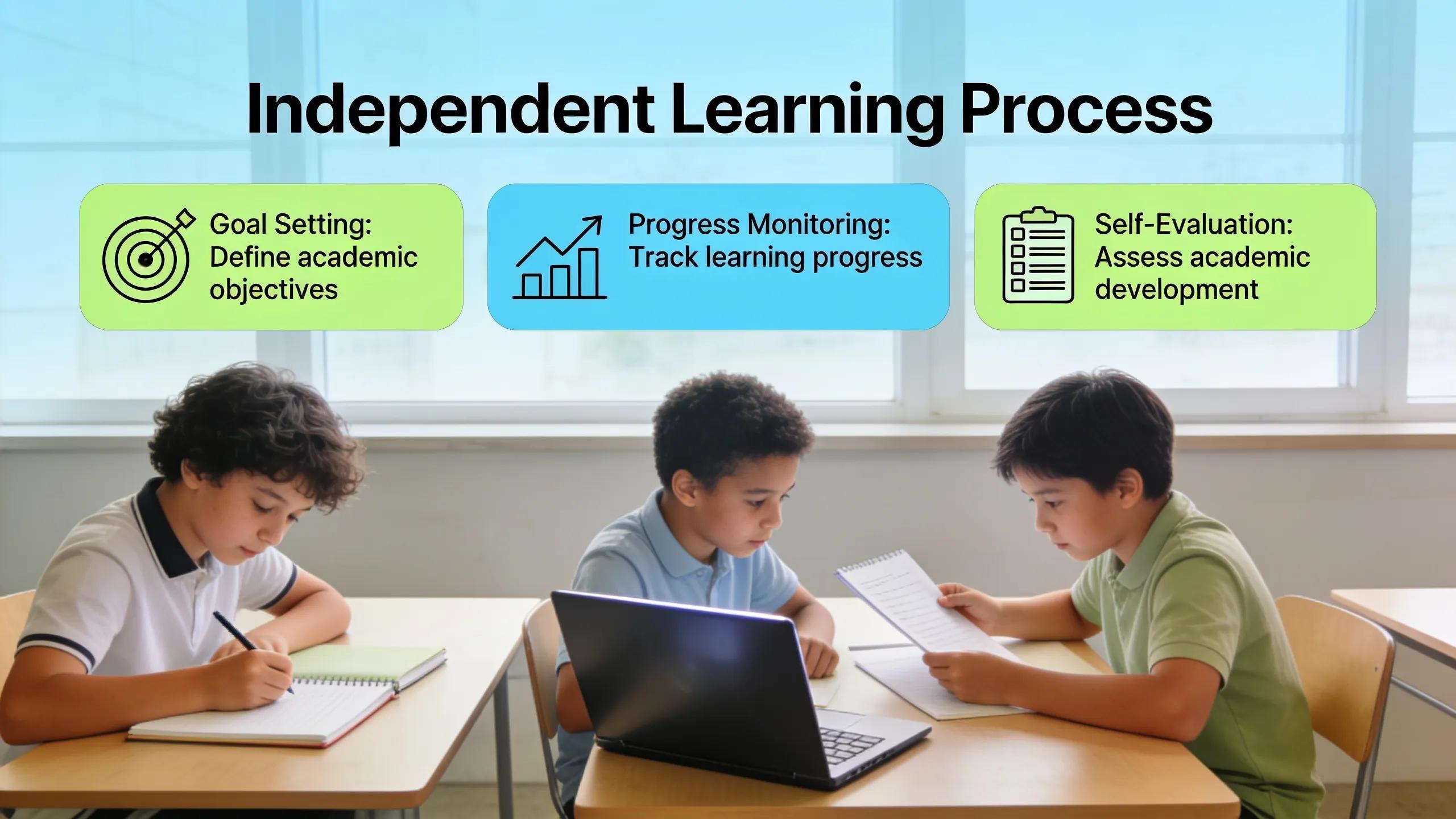 Independent learning is when pupils set goals, monitor, and evaluate their own academic development
