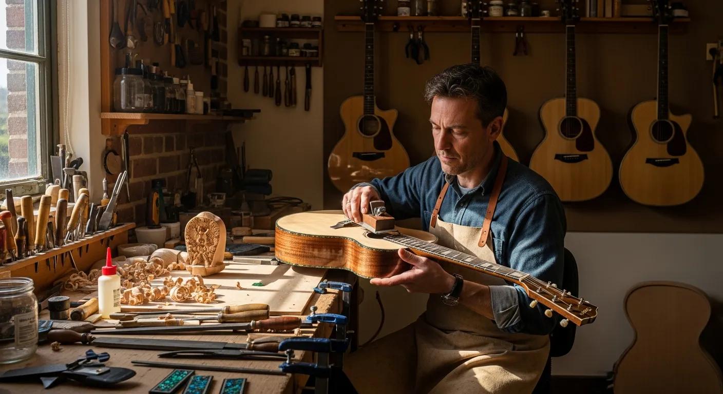 Luthier demonstrating traditional craftsmanship techniques on a high-end acoustic guitar