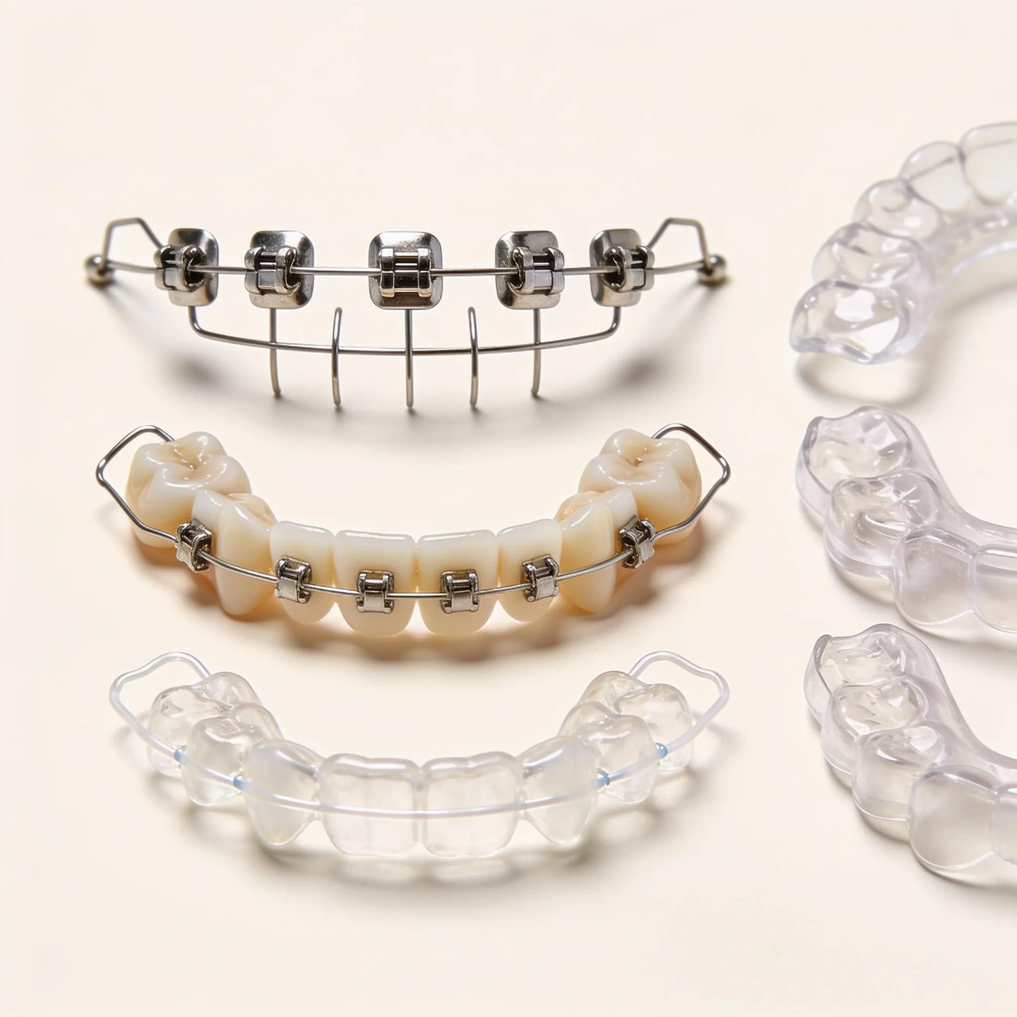 Different types of braces including metal, ceramic, and clear aligners displayed attractively