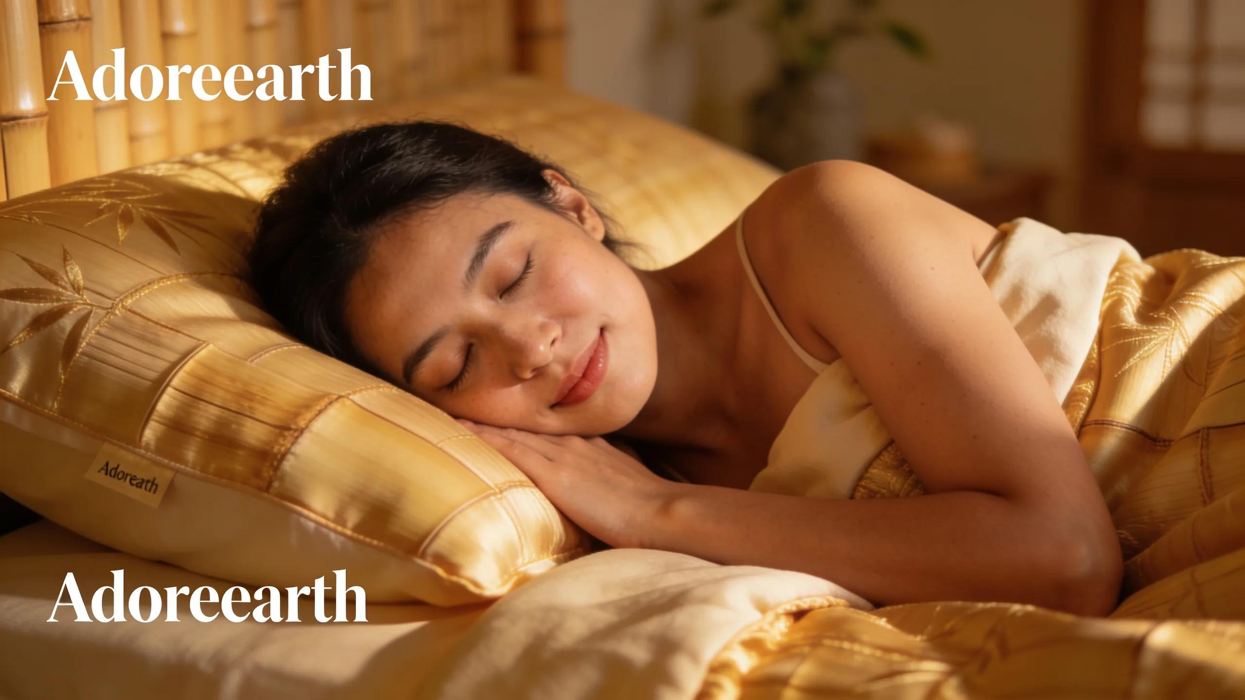 Happy customer enjoying the comfort of Adorearth bamboo bedding, emphasizing softness and relaxation