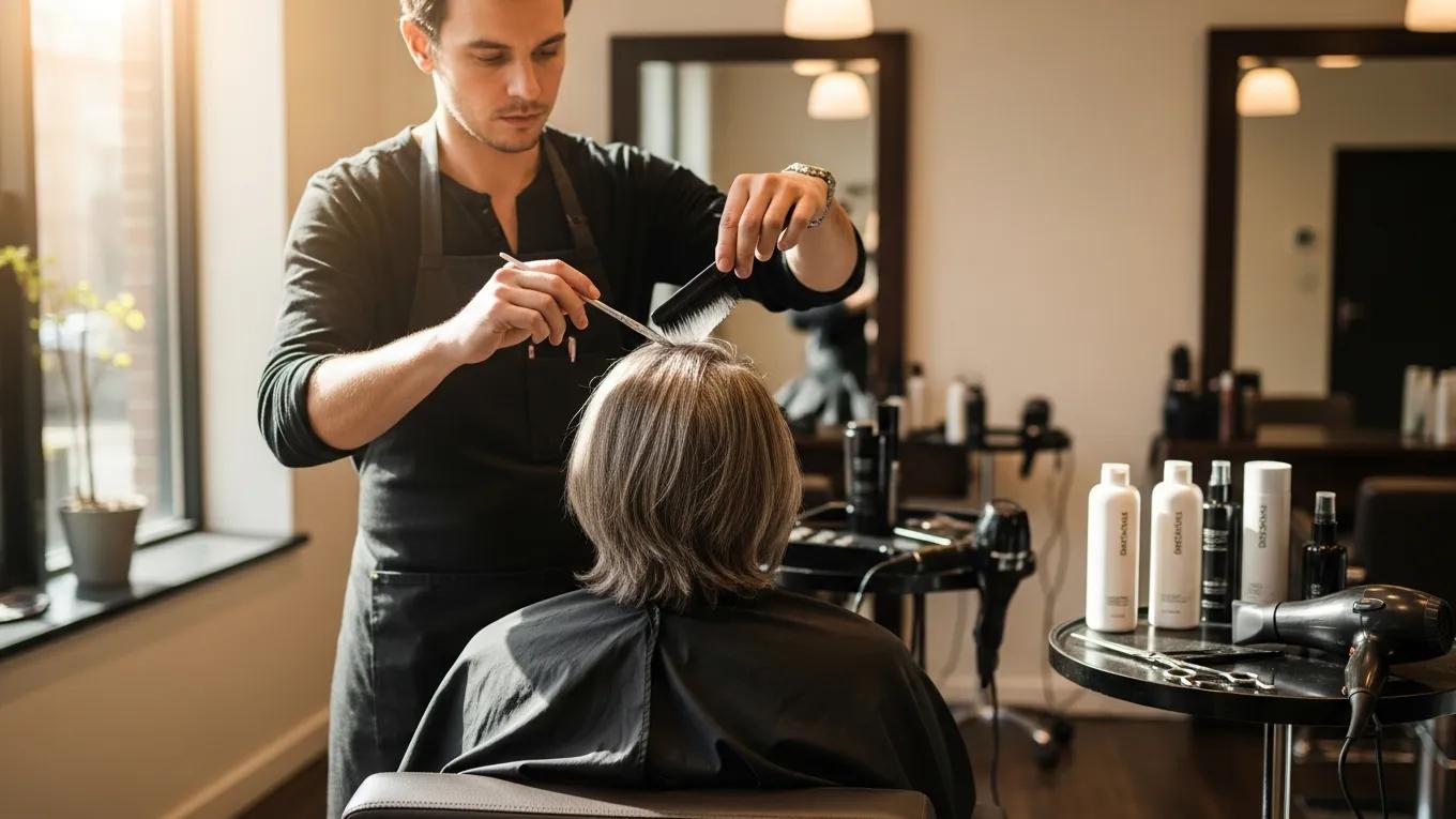 Salon scene with stylist blending gray hair, showcasing professional techniques and products