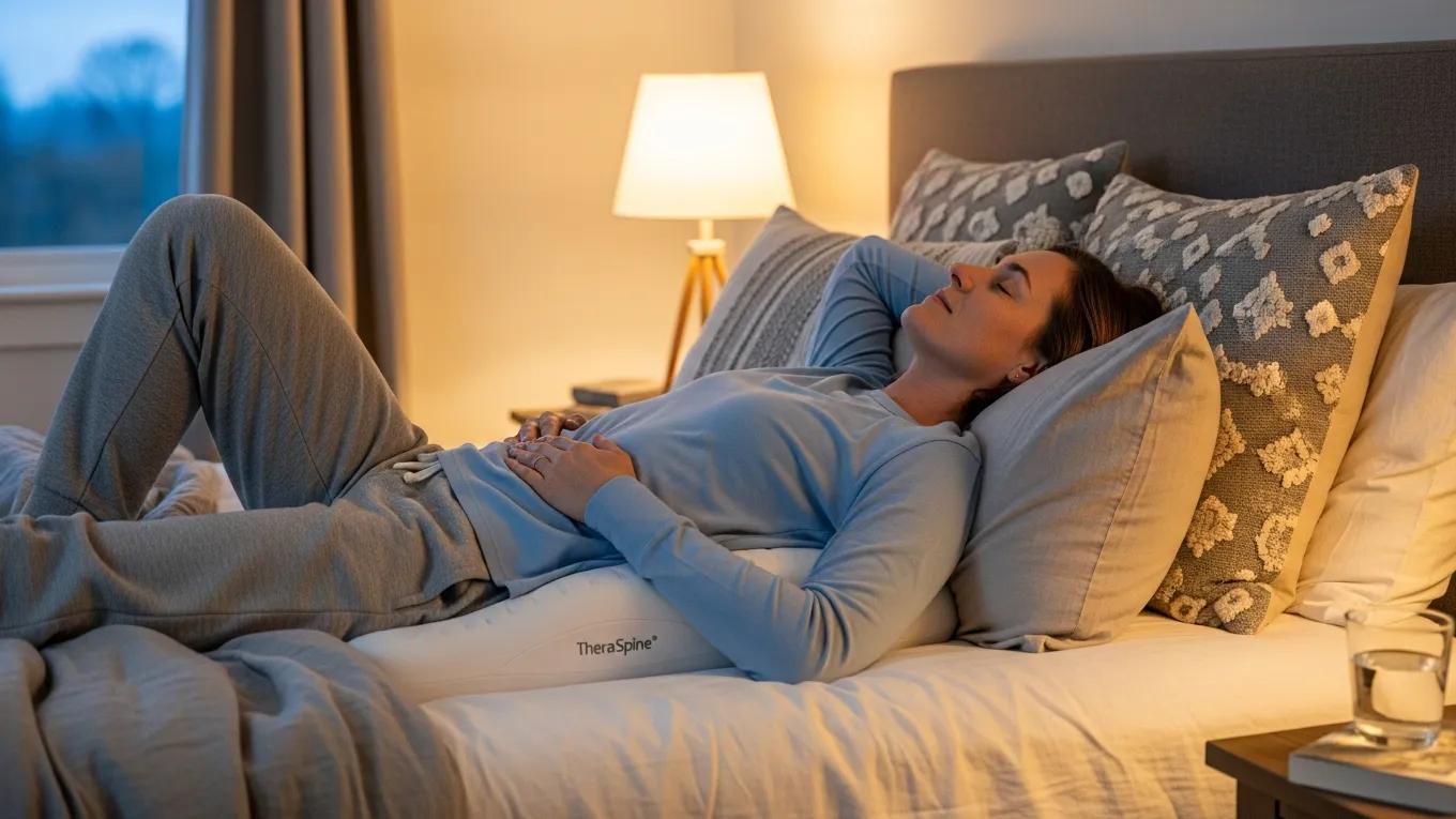 Person using TheraSpine pillow in a cozy bedroom for back pain relief
