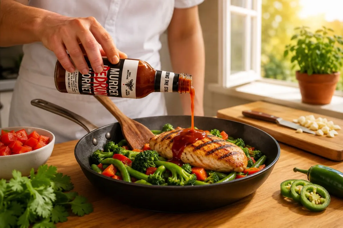 Spicy sauce on chicken in bright kitchen