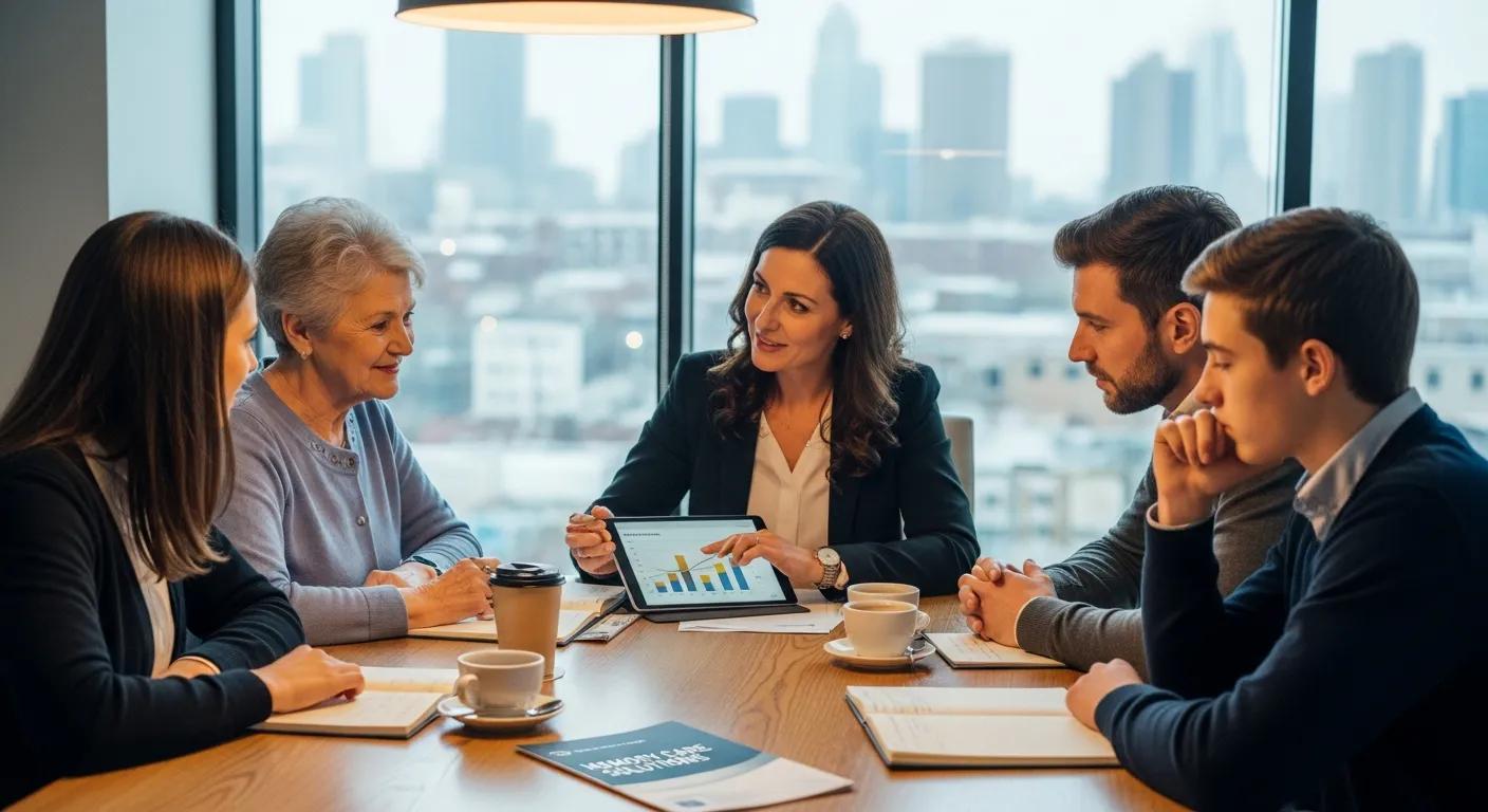 Family discussing financial assistance options for memory care with a financial advisor
