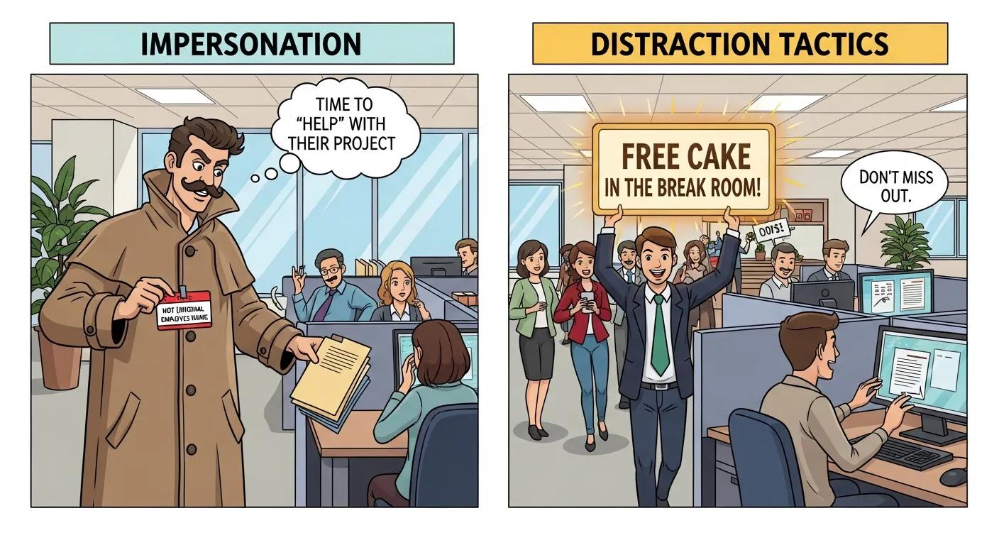 Graphic showing impersonation and distraction tactics in a workplace