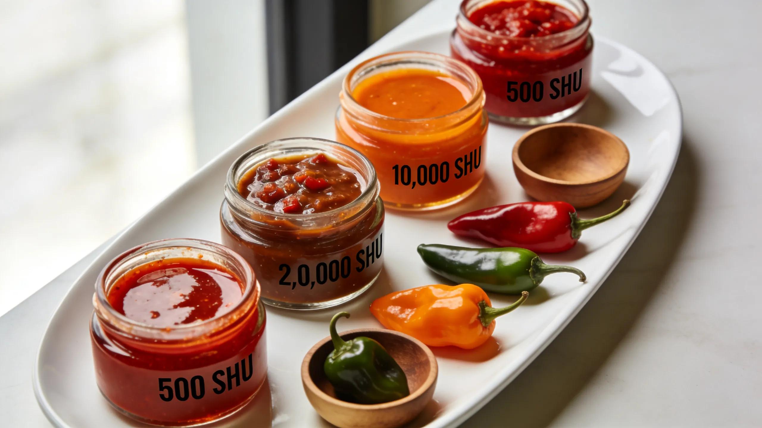 An assortment of hot sauces displayed with mild, medium, and hot peppers, illustrating the Scoville scale differences.