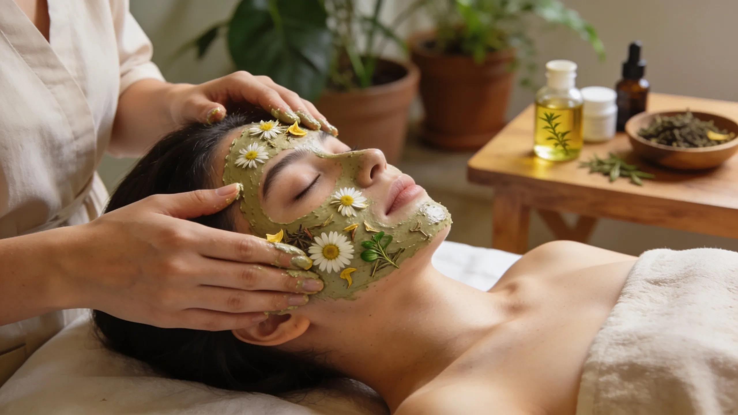 Client enjoying a relaxing herbal facial treatment with natural ingredients in a calming spa environment
