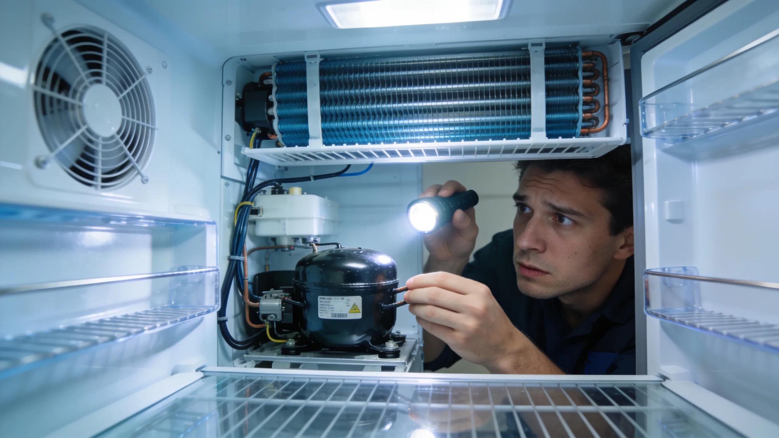 Person inspecting refrigerator internals for cooling failures, showcasing troubleshooting actions