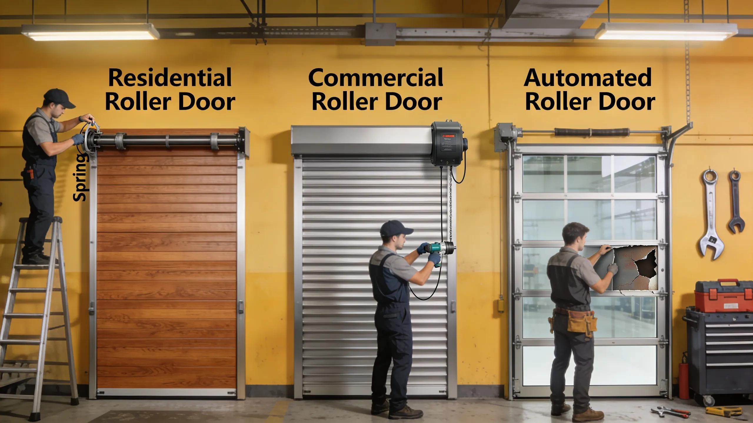 Various types of roller doors, focusing on repair needs for residential, commercial, and automated doors