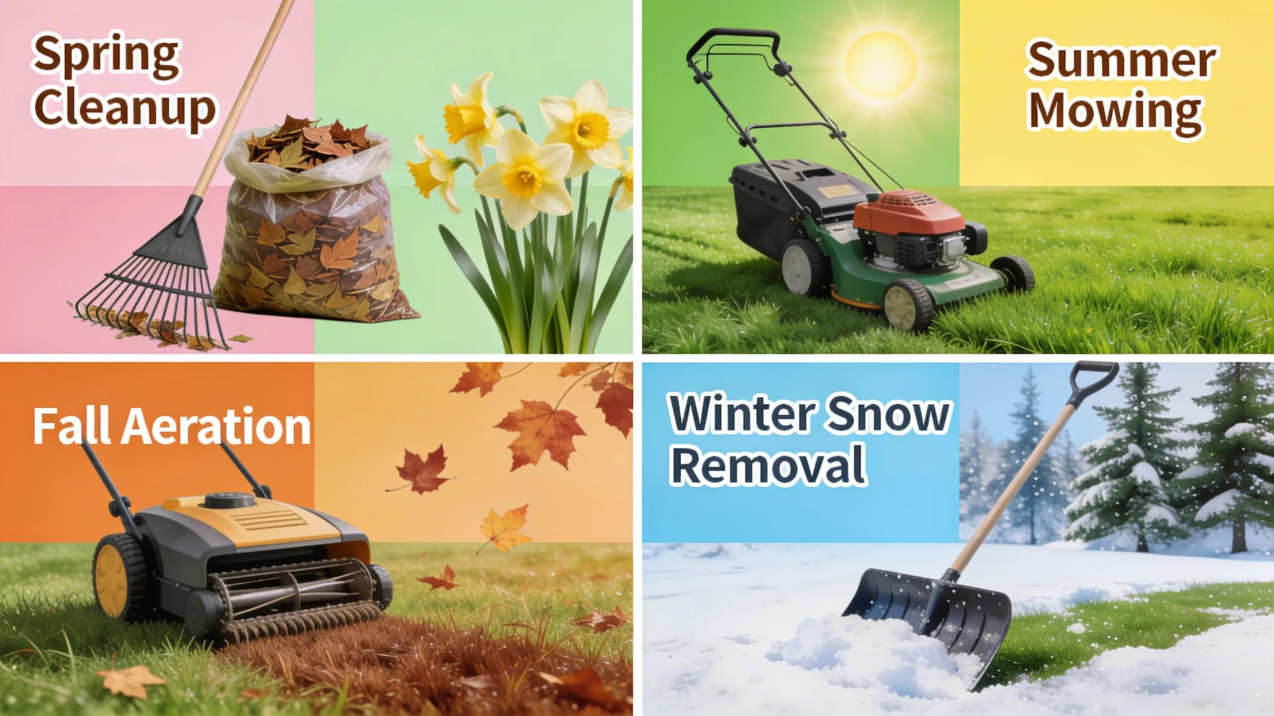 Collage of seasonal lawn care tasks including spring cleanup, summer mowing, fall aeration, and winter snow removal