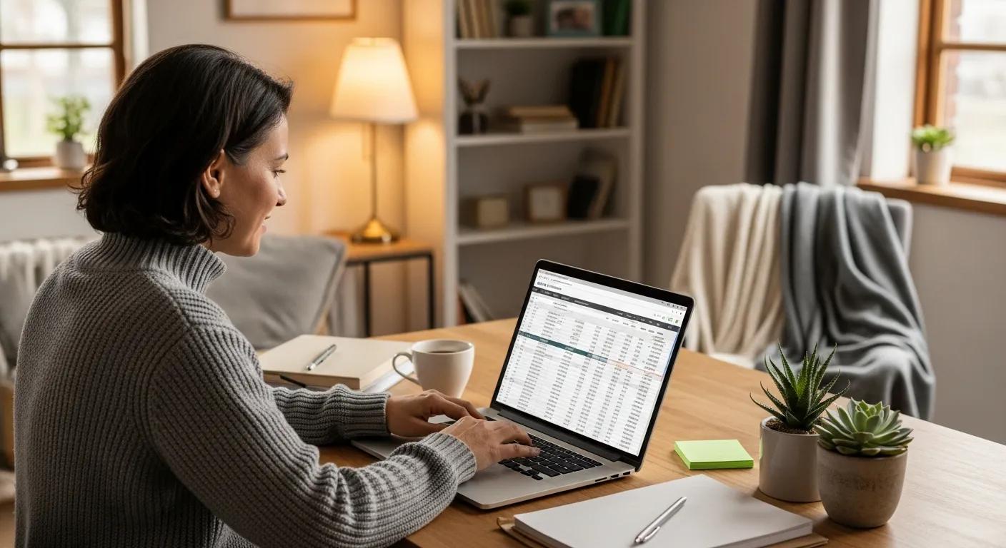 Small business owner in a cozy home office using accounting software on a laptop