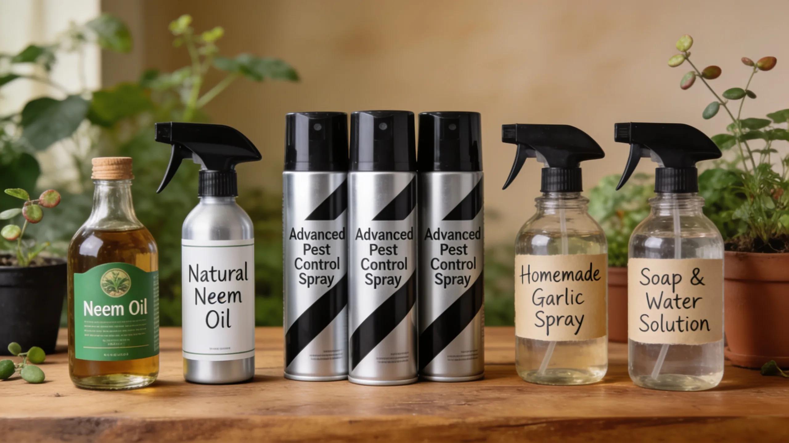 Display of different insecticide sprays including natural, chemical, and homemade solutions for indoor plants