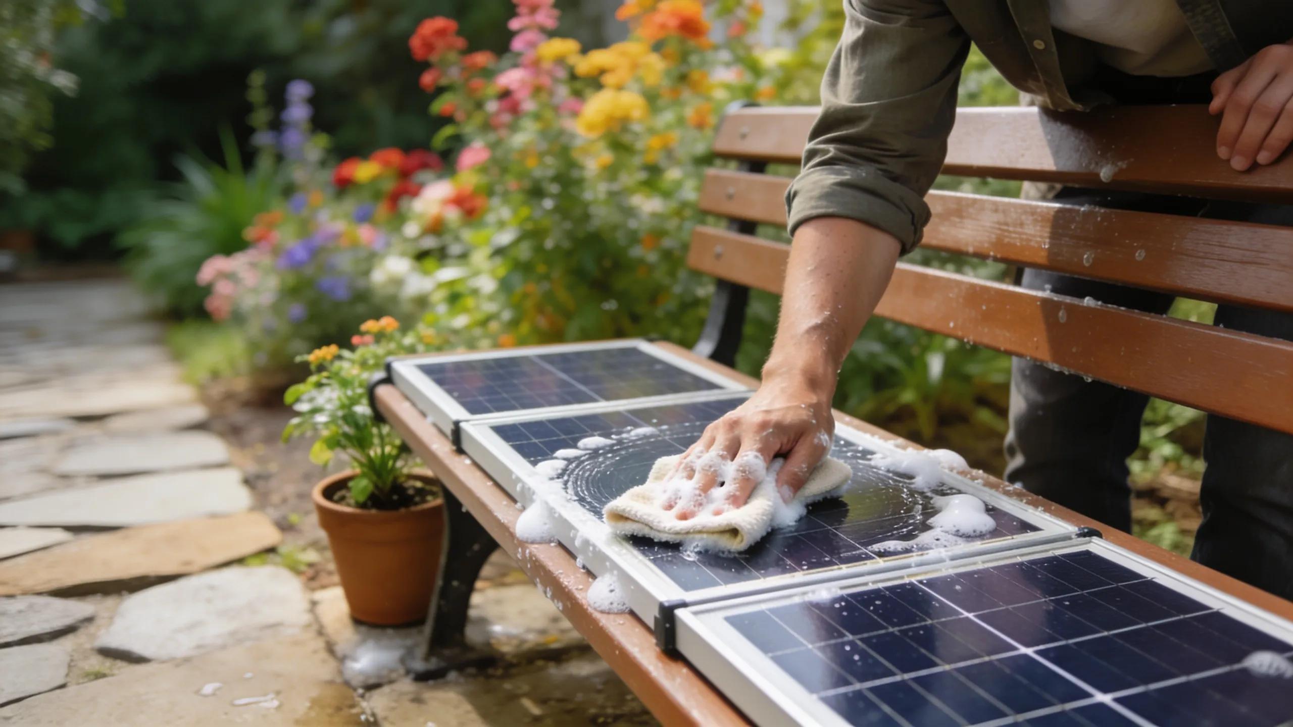 Individual performing maintenance on solar-powered outdoor seating, demonstrating care practices in a sunny garden Individual performing maintenance on solar-powered outdoor seating, demonstrating care practices in a sunny garden